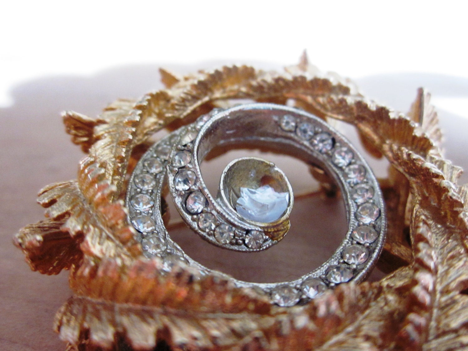 Vintage Wreath Brooch, White Rhinestone, silver and gold tone, fern leaves, Missing Pearl at Center