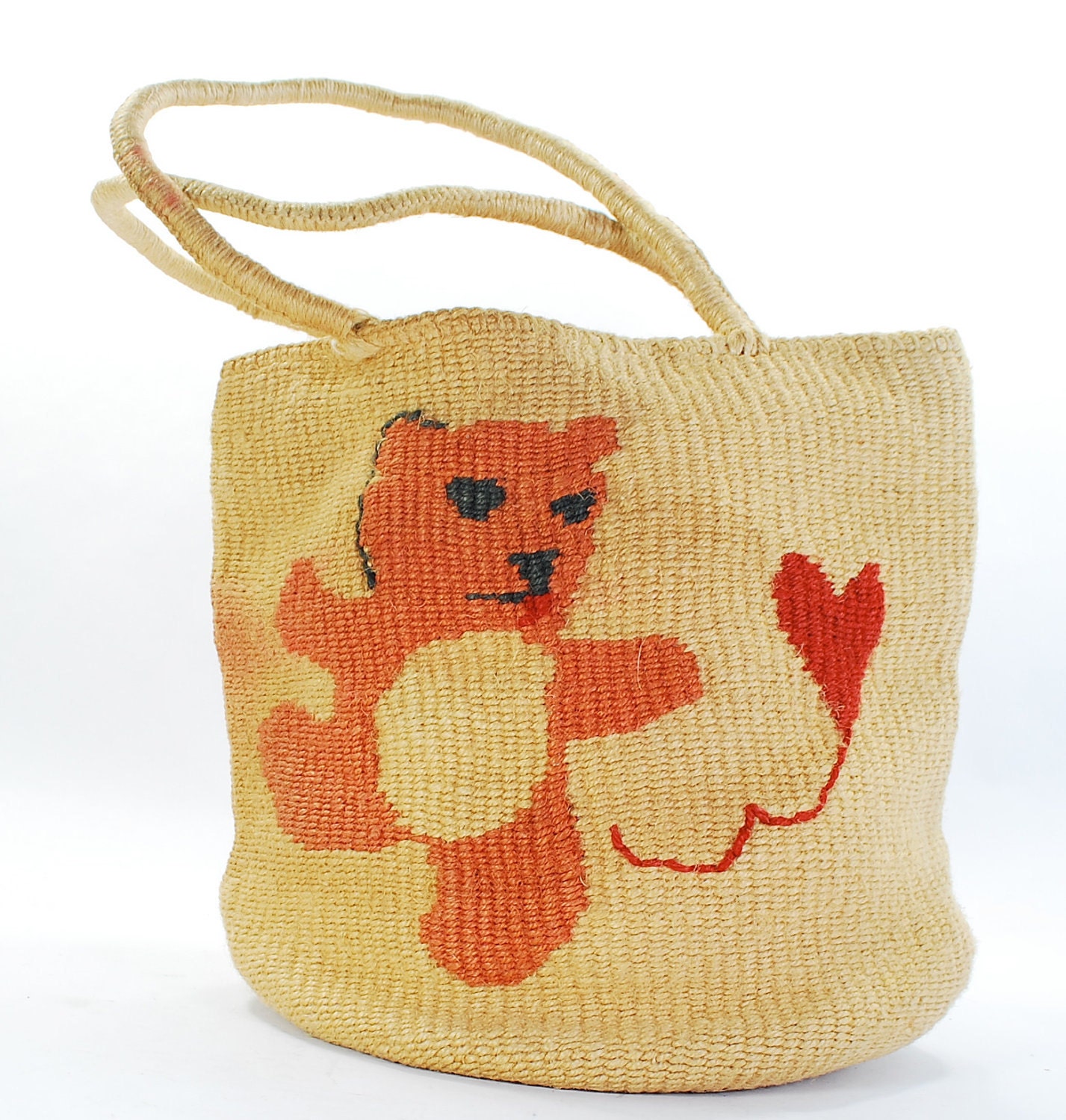 Boho does Geek Sisal Purse .Teddy Bear Chic .1980s flava african bag .Heart Balloon and Tongue sticking out .Life Changing Handbag