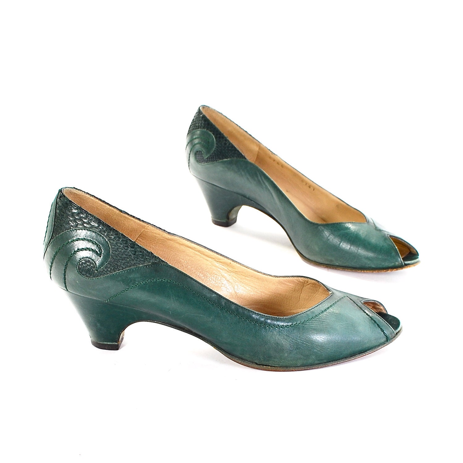 Snake in the Grass: Snakeskin Heel Peeptoe Pinup pumps .wedge heels .sexy low arch .Bruno Magli .made in Italy -womens size 5-