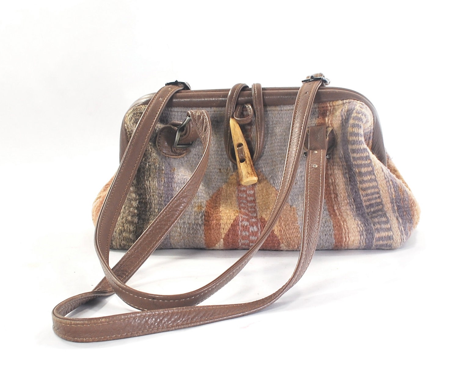 Kilim with Kindness: Southwestern Simplicity .taupe leather and woven wool doctor style bag .Bohemian Handbag with ethnic details