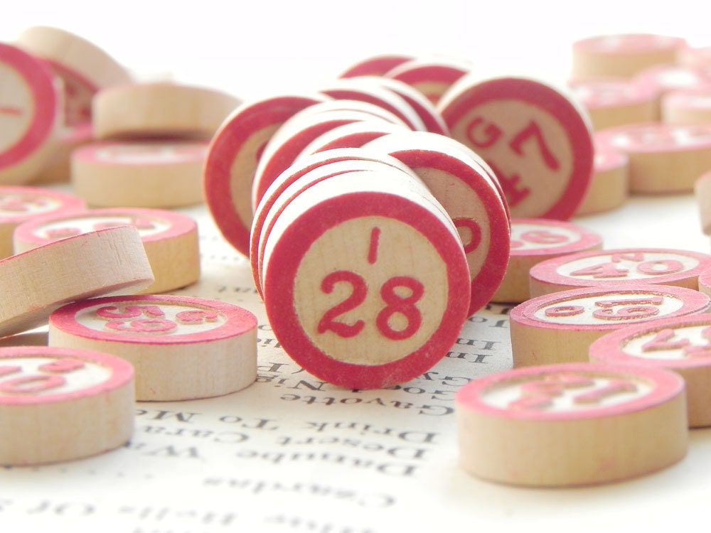 70 vintage wooden Bingo markers with embossed numbers