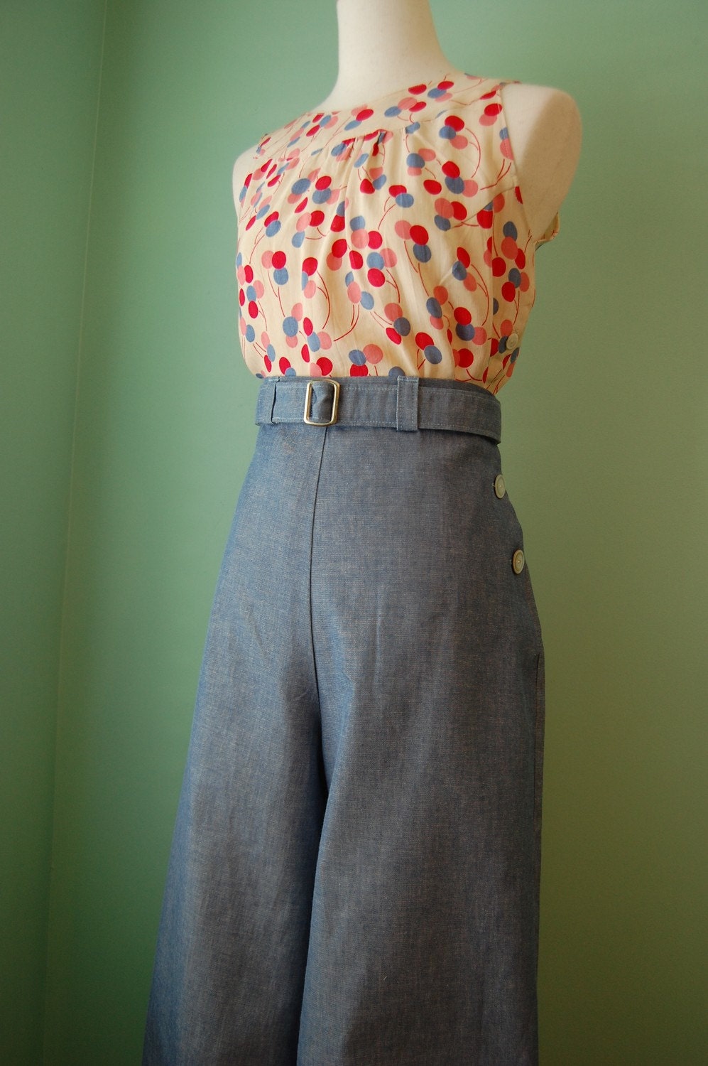1930's 1940's vintage style light  denim pants with belt  CUSTOM  MADE  your size