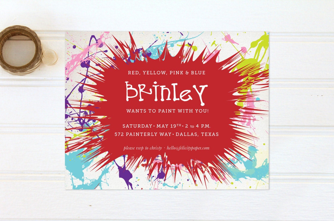 Art Birthday Party Invitations - Coloful Splatter Painted Invites - Red, Blue, Green, Purple - Boy OR Girl Birthday Party Invites