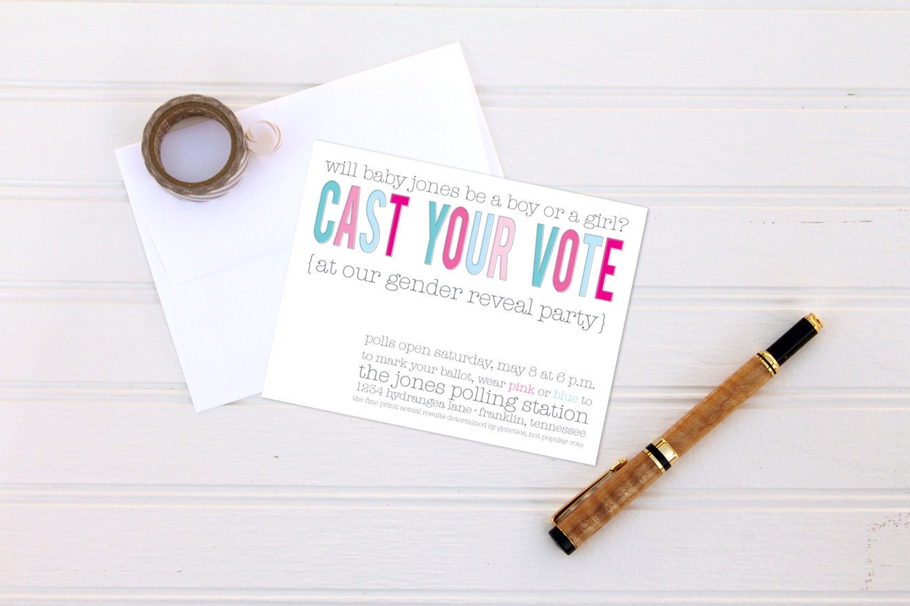 Baby Gender Reveal Party Invitations - Blue and Pink Cast Your Vote Invites - Set of 12 Custom Invites