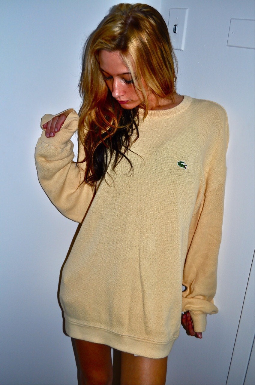 LACOSTE Made in France 1980s Pale Yellow SOFT COTTON KNIT CrewNeck SWEATER sz 7 L XL
