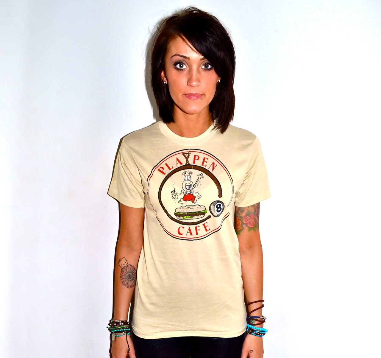 Make an Offer PLAYPEN CAFE 1980s Butter Soft Paper Thin BURNOUT T Shirt Mens Small S Screen Stars