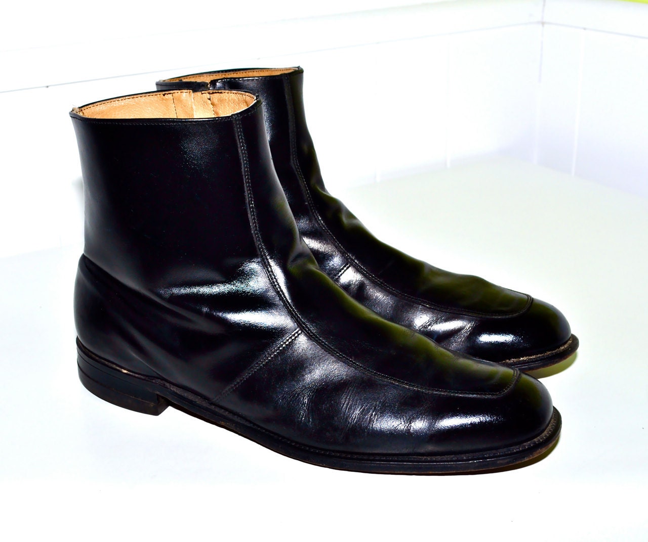 Make an Offer BLACK LEATHER 1970s Low Profile European Fit Executive Imperials Side Zip Dress Boots Beatle Mens sz 14 mad men style