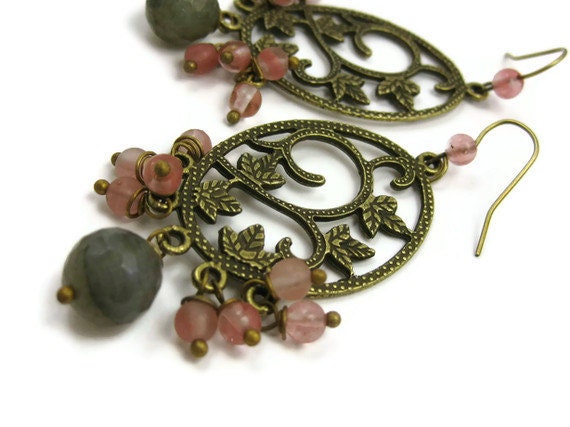 Boho Earrings in Gray and Pink Romantic Bride Brass Autumn Fall Fashion Gypsy Earrings