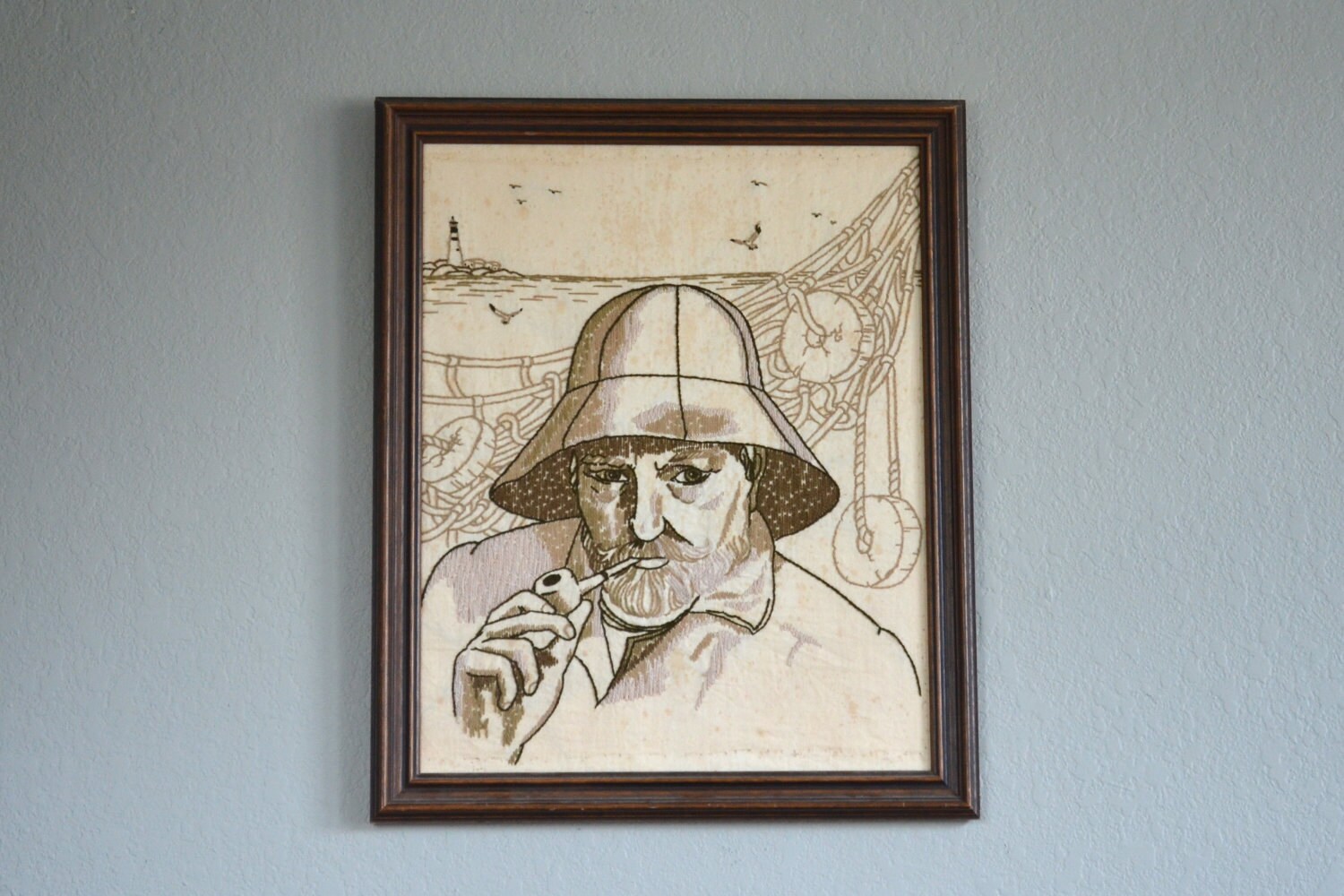 vintage fisherman captain stitched picture