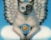 Angel Cat Art Fantasy Yin-Yang Face Surreal spiritual Zen 5x7 card