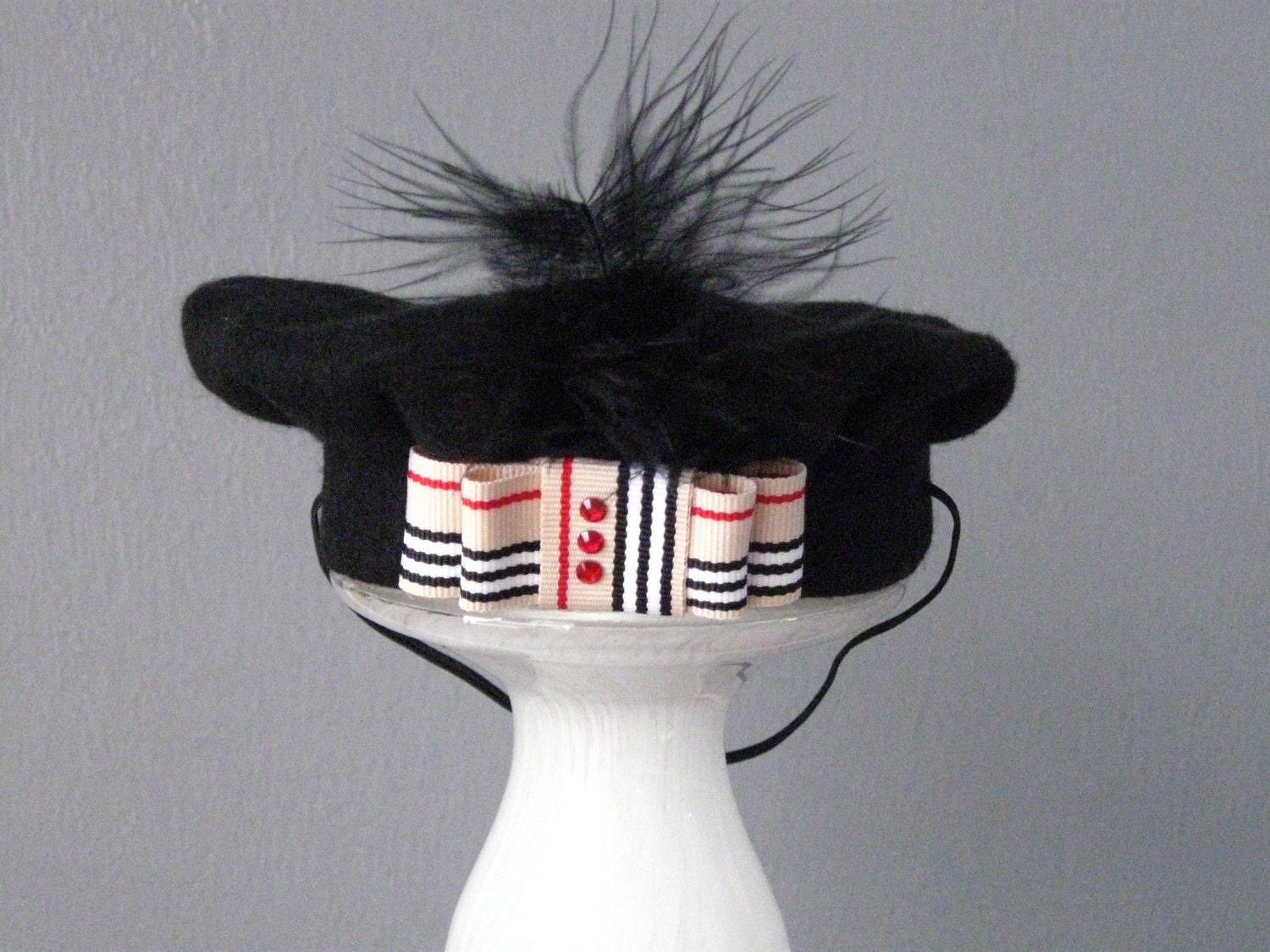 Plaid Stripe French Beret Hat with Feather