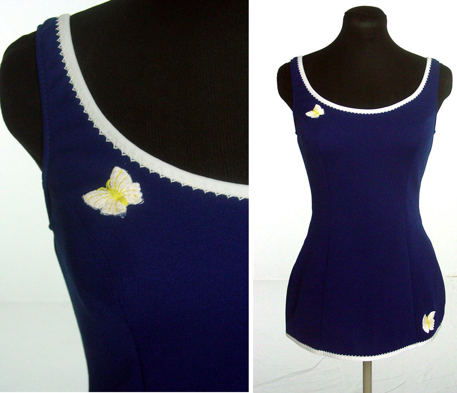 Vintage 1960s Catalina bathing suit, maillot one piece, navy blue bathing suit, butterfly applique, Size S/M
