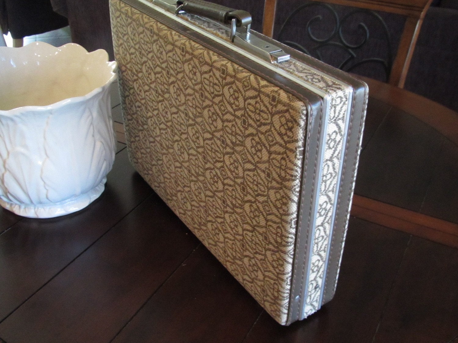 Vintage Brown and Cream Tapestry Cloth Covered Briefcase