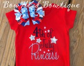 4th of July Princess Applique Boutique Shirt or Onesie and Matching Hair Bow Set for Girls