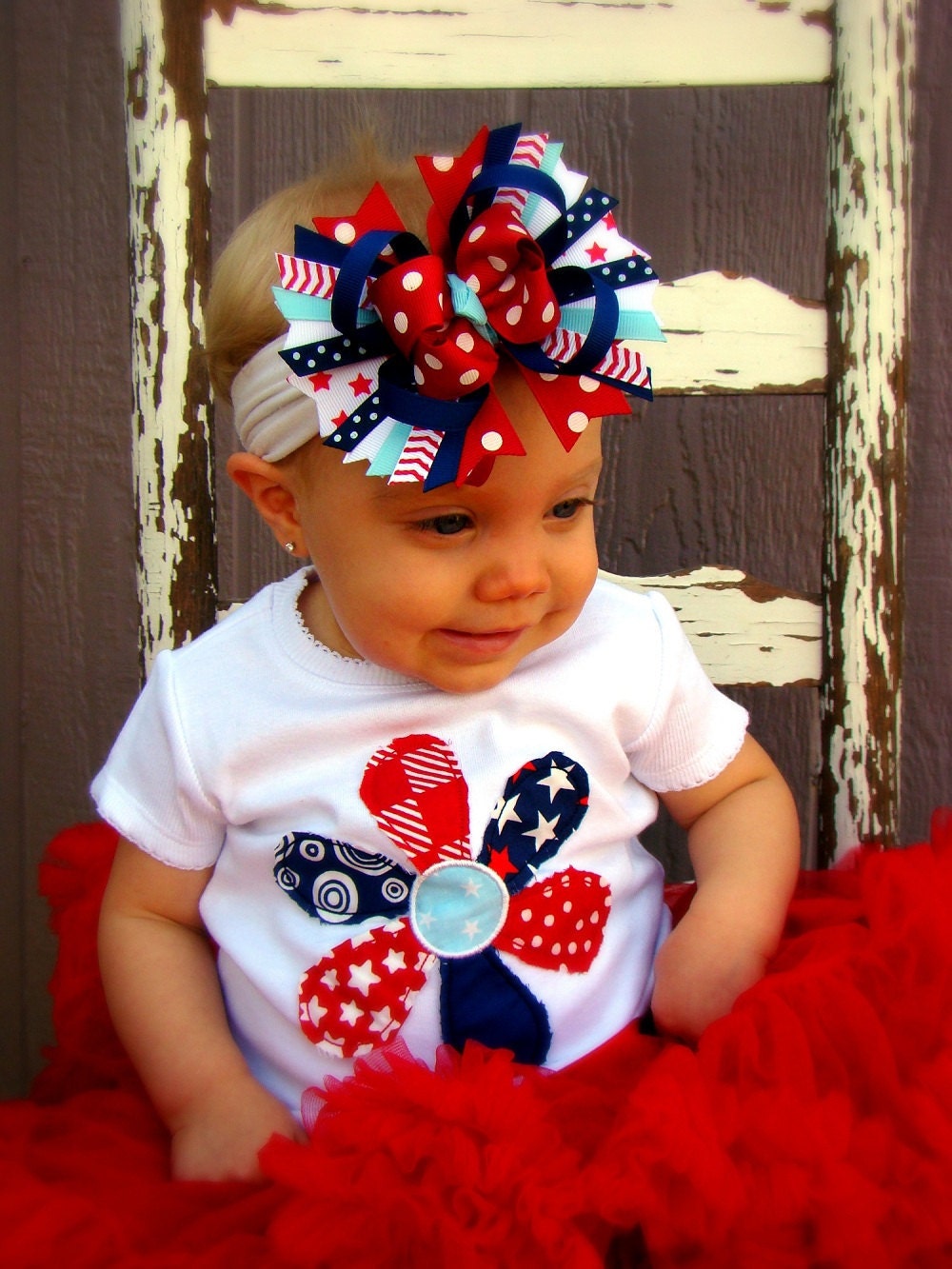 4th of July Frayed Edges Multi Fabric Flower- Applique Boutique Shirt or Onesie and Hair Bow Set for Girls