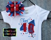 First 4th of July with Firecracker White Applique Onesie or Shirt and Matching Hair Bow Set for Girls