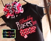 Daddy Races we Shop Checkered Applique Black Shirt or Onesie and Matching Hair Bow set for Girls