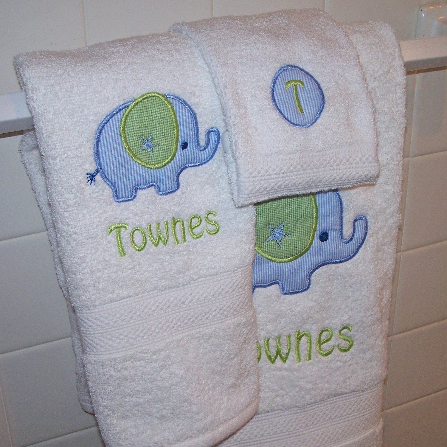 Monogrammed Kid's Bath Towel Set - Bath Towel, Hand Towel and Wash Cloth - you choose the applique