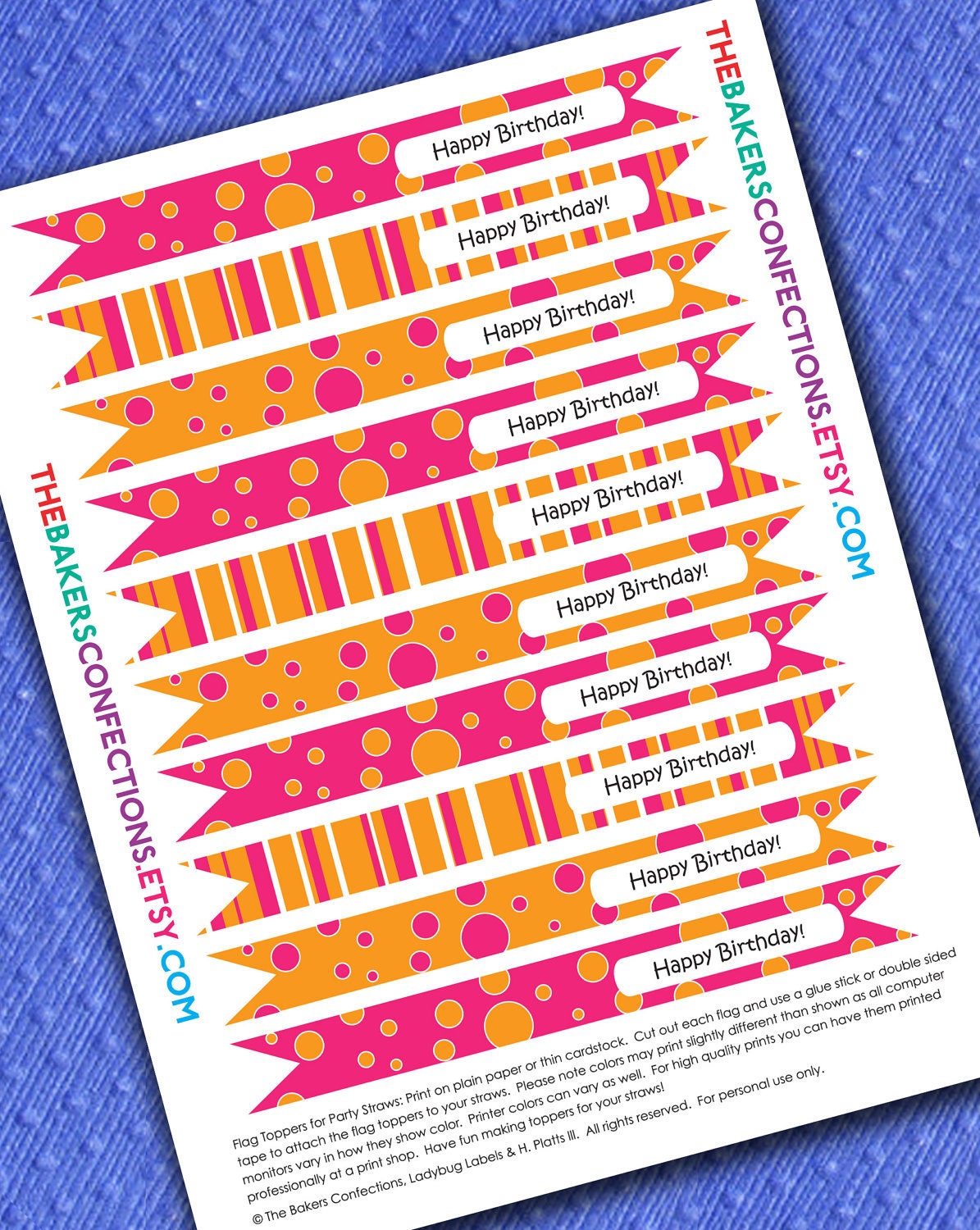 PRINTABLE Birthday Straw Flag Toppers for Paper Straws, Cupcakes, Cake Pops - DIY - in Pink and Orange Stripes and Dots