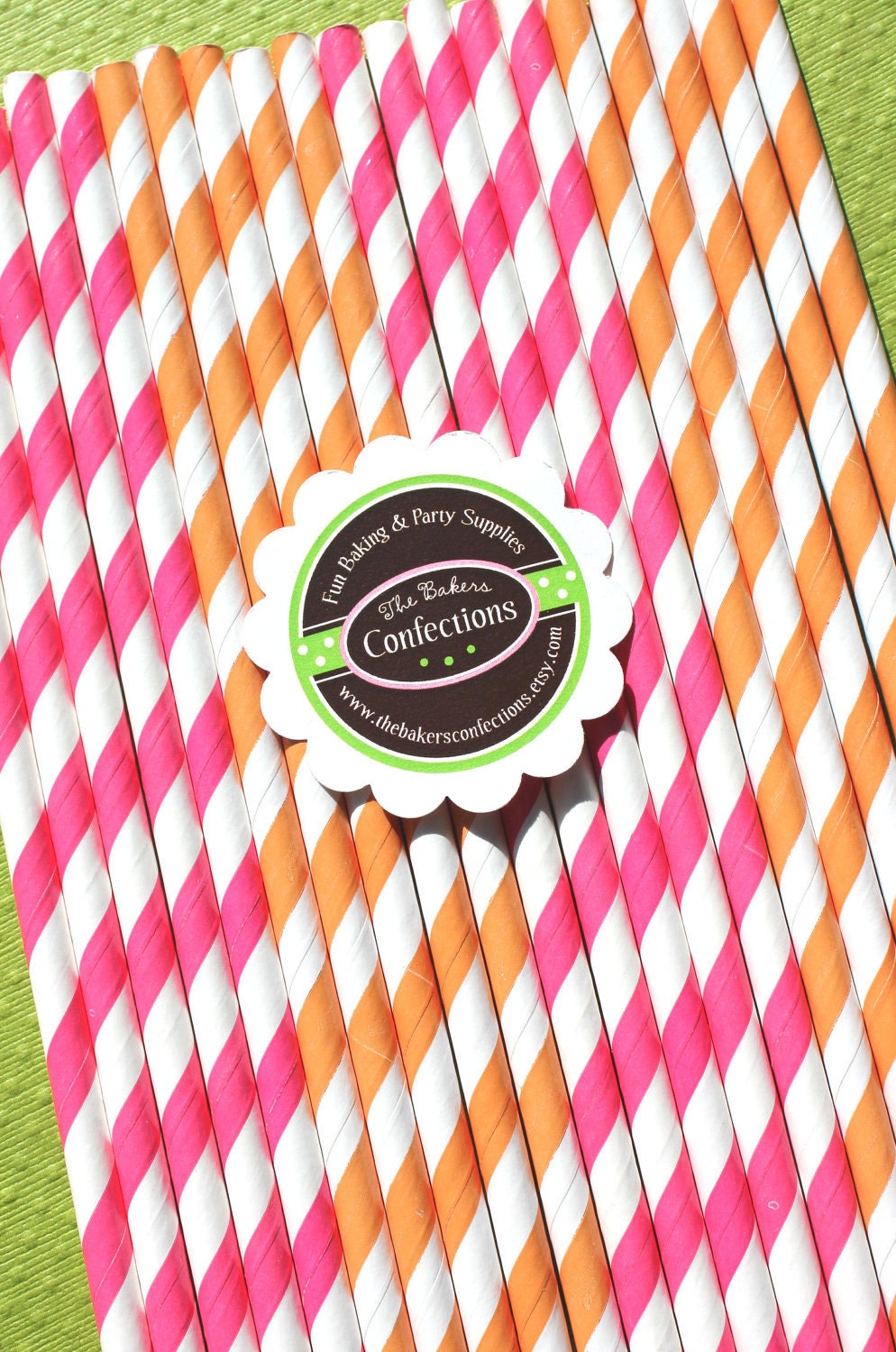 Paper Straws - Hot Pink and Orange Stripes with Printable DIY Flag Toppers (30 count)
