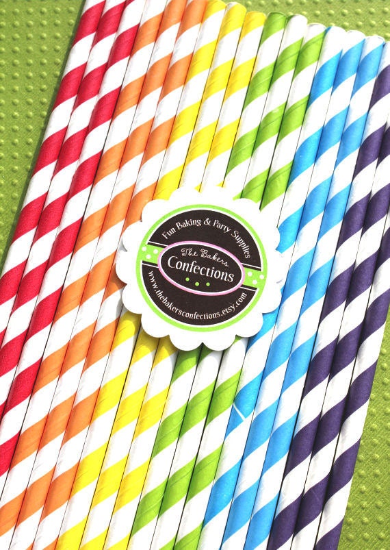 Paper Straws - BOYS Rainbow Stripes with Printable DIY Flag Toppers (30 count)
