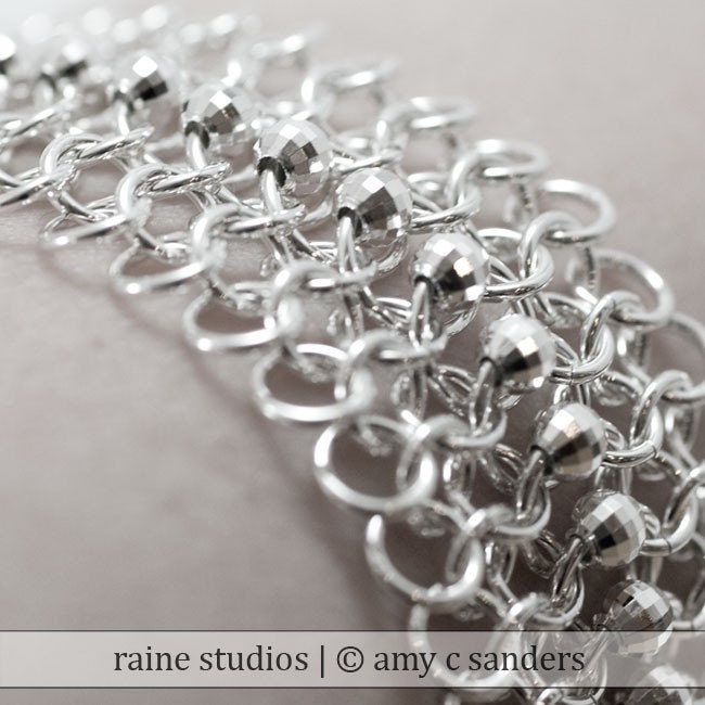 Red Carpet - Sterling silver mesh bracelet with faceted sterling silver beads