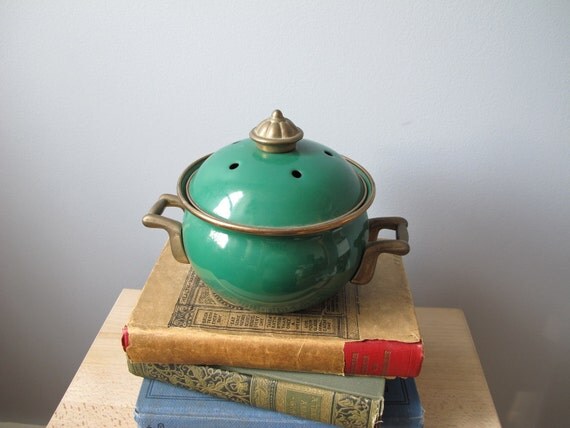 Vintage Green Enamel Pot with Brass Colored by MilkaCervenka