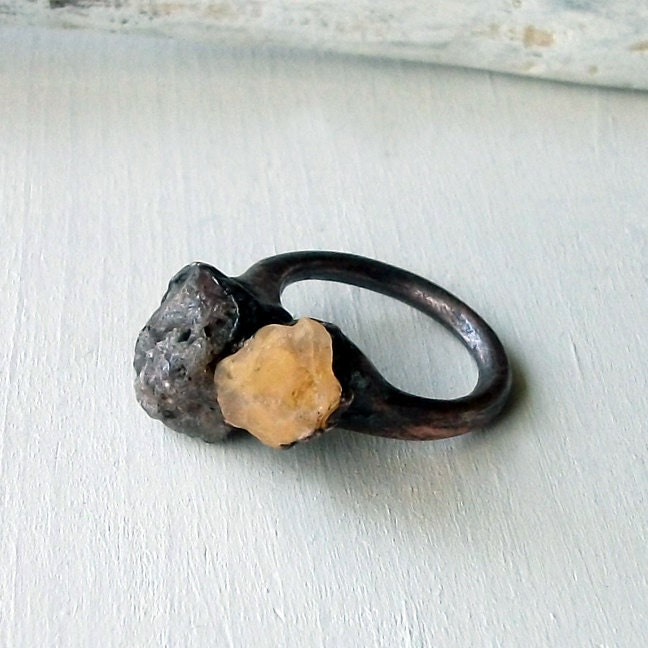 Copper Ring Druzy Opal Butter Yellow Cream Geode Frost Sugared Grey Patina Artisan Handmade - MidwestAlchemy