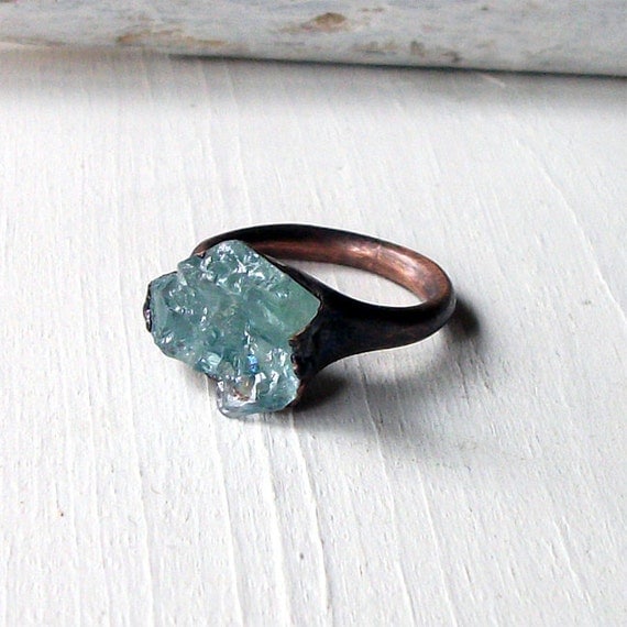 Copper Ring Aquamarine Ring Sky Blue Green Organic Raw Artisan Handmade