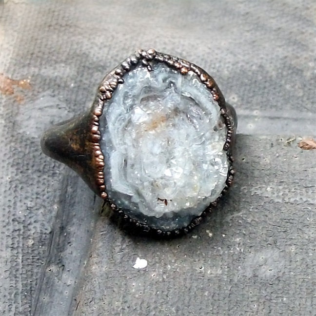 Copper Ring Gem Stone Chalcedony Patina Druzy Dusty Blue Grey Gray Artisan Desert Rose