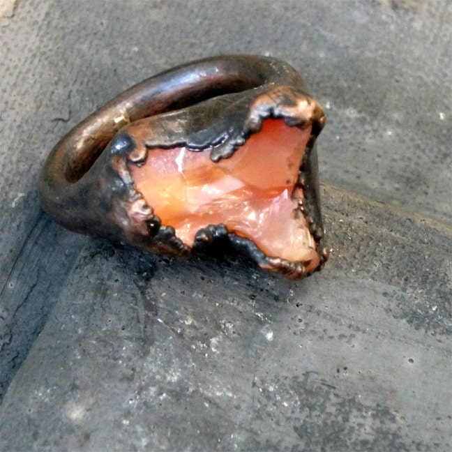 Copper Ring Opal Gem Stone Apricot Peach Orange October Birthstone Natural Raw Patina Artisan