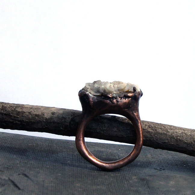 Chalcedony Copper Ring Gem Stone Chalcedony Patina Druzy Dusty Grey Gray Artisan Crystal