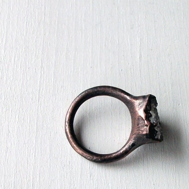 Ring Druzy Copper Geode Agate Gem Stone Frost Sugared Pink Grey Crystal Ice Patina Artisan