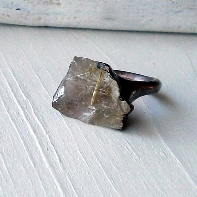 Copper Ring Rutile Gold Quartz Phantom Crystal Facet Rough Natural Artisan Handmade