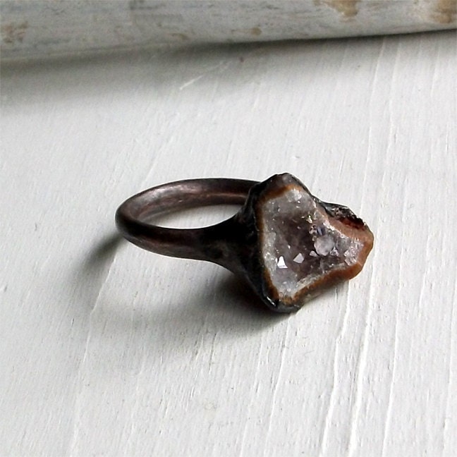 Ring Druzy Copper Geode Agate Gem Stone Dusty Lavendar Grey Crystal Ice Patina Artisan