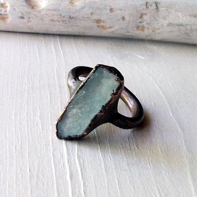 Copper Ring Aquamarine Ring Pale Sky Blue Organic Raw Artisan Handmade