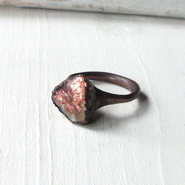 Sunstone Copper Ring Peach Confetti Gem Stone Artisan Raw Gem Organic Oxidized For Her