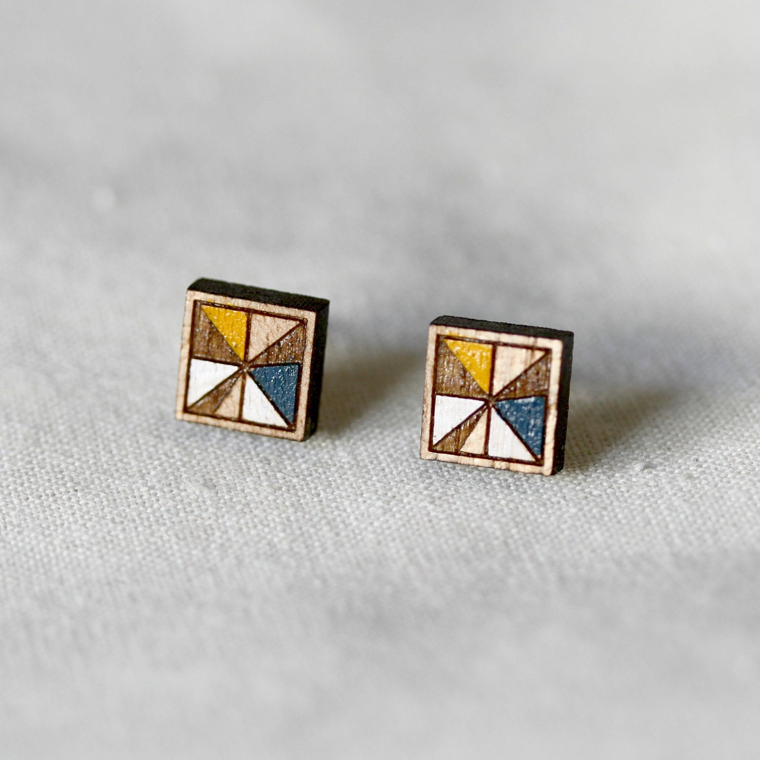 Square Stud Earrings in Yellow and Blue