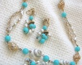 Vintage Real & Faux Necklace and Matching Earrings.  Turquoise,Gold and Pearl.  Necklace and Clip Earrings.