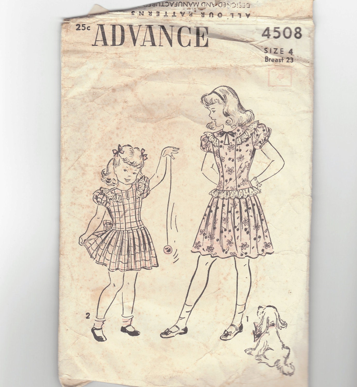Vintage 40's Girl's drop waist Dress sewing pattern. Advance. Girl's Size 4. No. 4508.