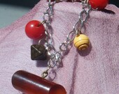 Vintage Bakelite Sterling Silver Charm Bracelet, root beer cherry chocolate butterscotch, carved geometric unique, silver chain, fall colors
