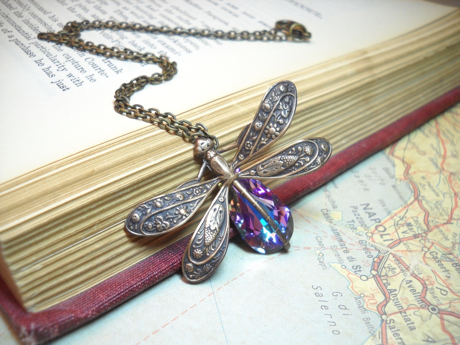 Dragonfly Necklace - Swarovski Rainbow Crystal Antique Brass Necklace Amethyst Birthstone