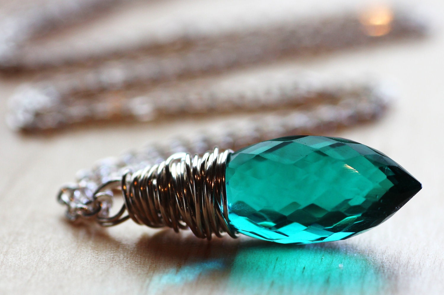 Teal Quartz Crystal Necklace Rare Chandelier Briolette Cut Wire Wrapped Pendant Gemstone in Sterling Silver