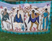 REDUCED: Zany Pictorial Applique Wall hanging.  Hand made. The gods cavorting. Bar.
