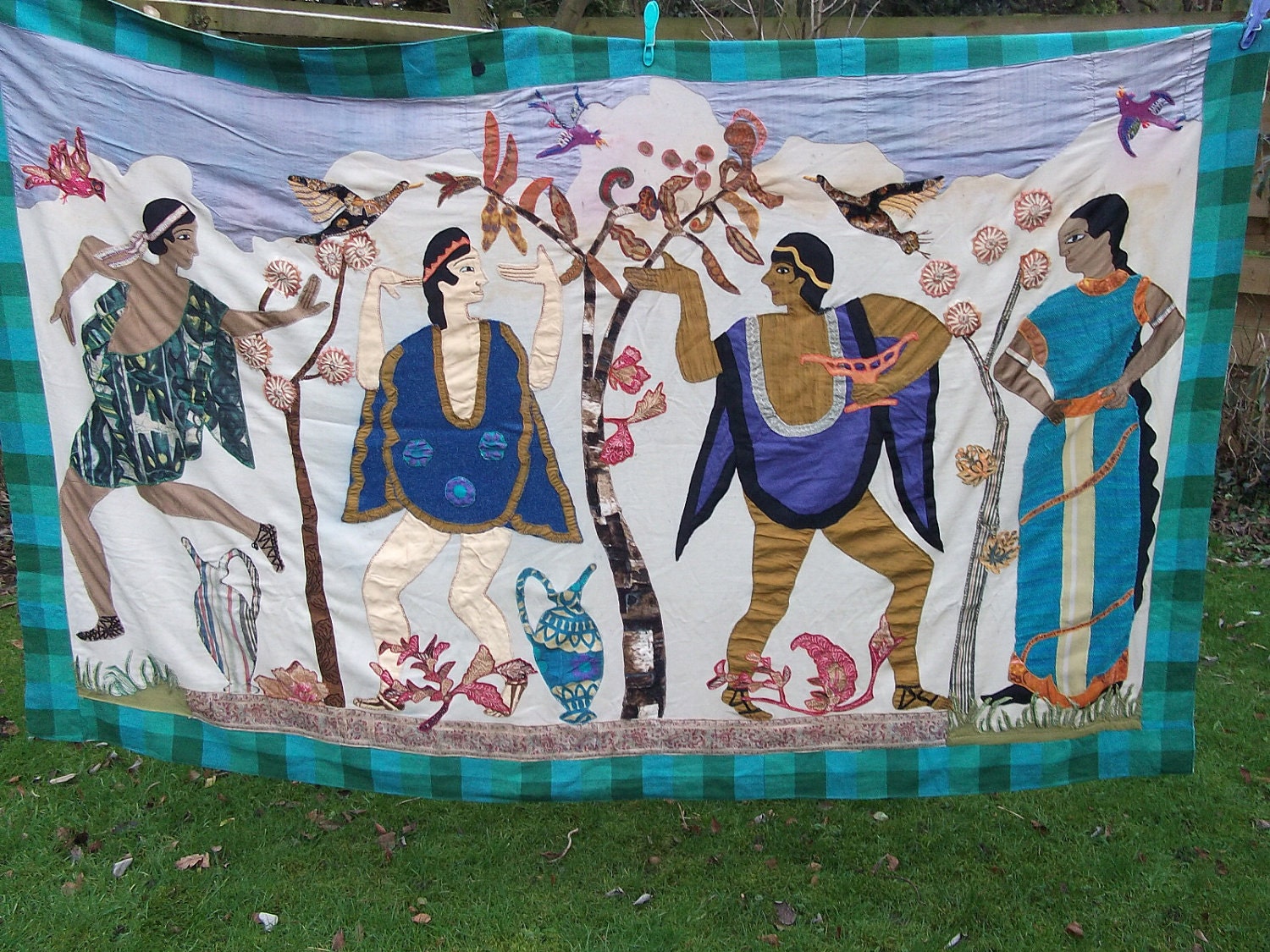 REDUCED: Zany Pictorial Applique Wall hanging.  Hand made. The gods cavorting. Bar.