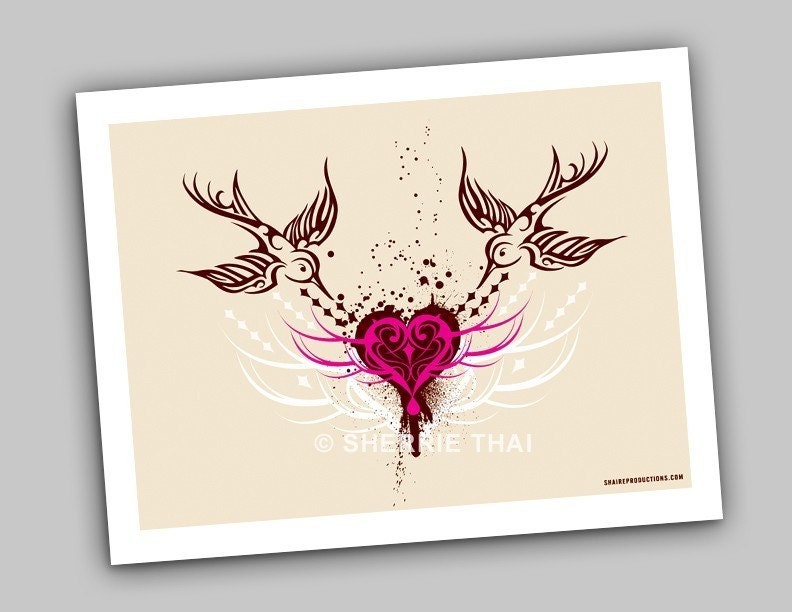 Tribal Sparrows and Heart art print by sherrie thai of shaire productions