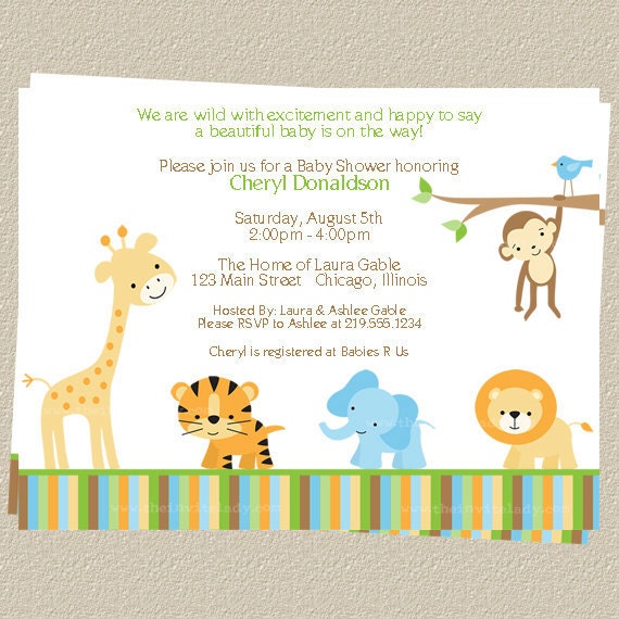 Jungle Baby Shower Invitations, Zoo or Safari Theme, Set of 10 printed ...