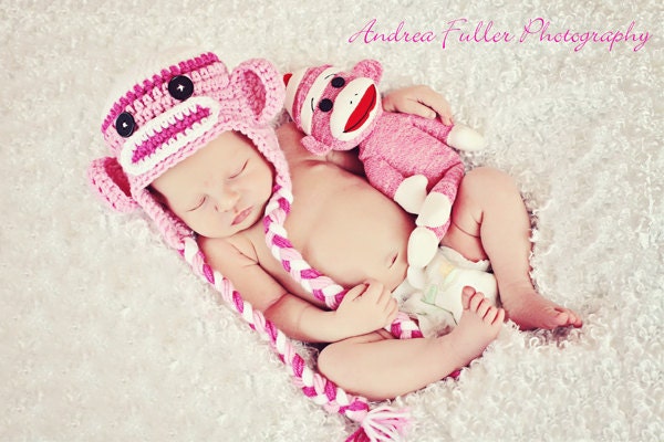 White, Bright Pink & Light Pink Sock Monkey Earflap Hat and Matching Doll- Newborn Baby Girl Photography Photo Prop - Ready to Ship