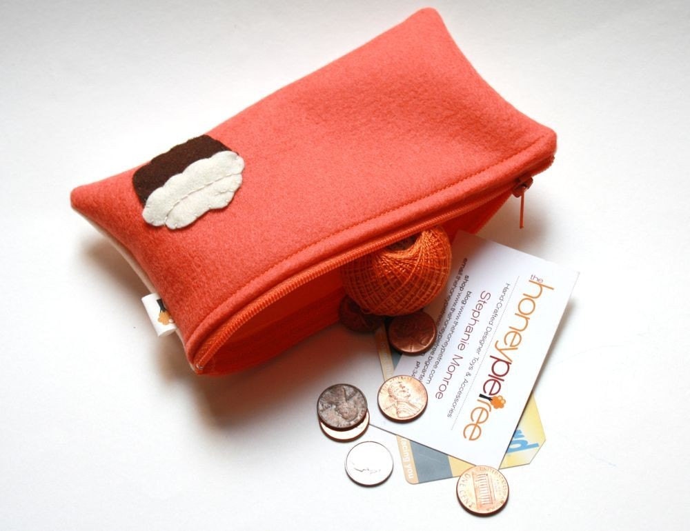 Cupcake Zipper Pouch / Wool Felt / Orange and Peach