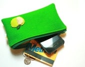Green Apple Pouch / Wool Felt Zippered Pouch
